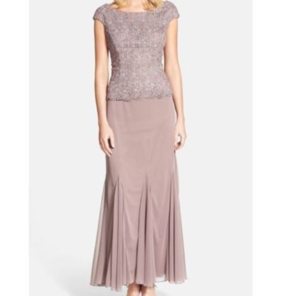 Patra Chiffon & Metallic Lace Godet Gown